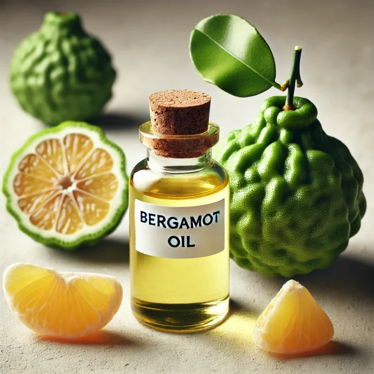 A small bottle of bergamot oil next to fresh bergamot fruit slices on a neutral background, with a focus on the oil's application for hair growth