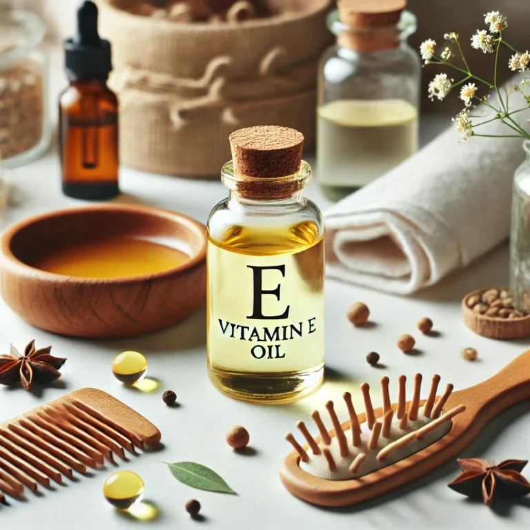 A small bottle of vitamin E oil on a clean white surface, surrounded by natural hair care elements such as a wooden comb, a small bowl