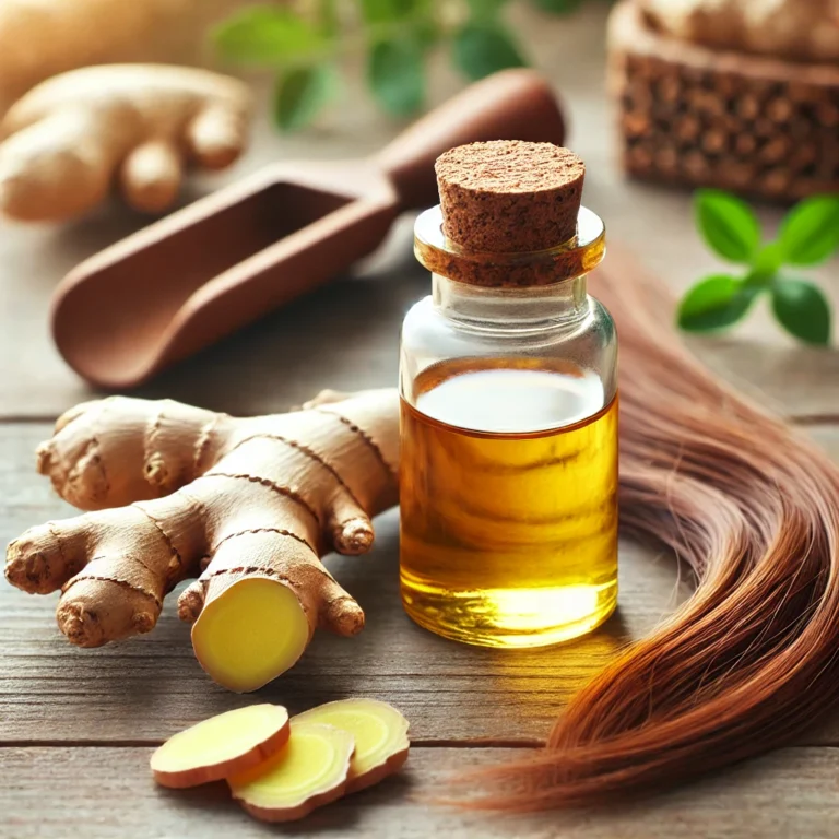 A small glass bottle of ginger oil with fresh ginger roots beside it on a wooden surface. The bottle has a rustic look with a cork stopper