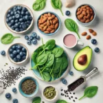 A visually appealing image of vibrant superfoods displayed on a clean white table. The superfoods include fresh spinach, almonds, blueberries, avocado