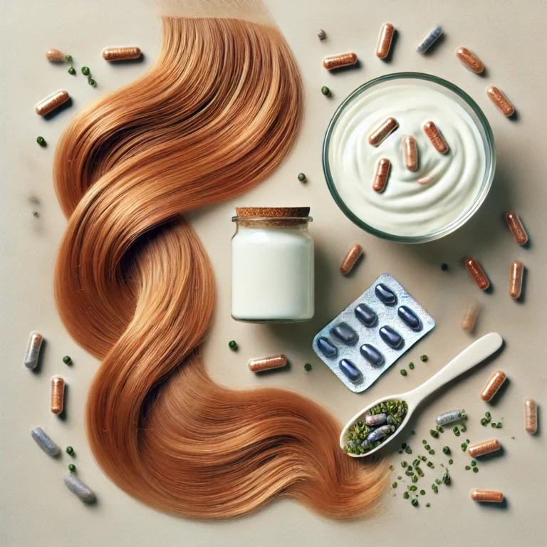 A visually engaging image of healthy hair intertwined with a yogurt bowl and probiotic capsules, symbolizing the connection between probiotics and hair