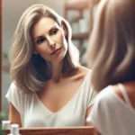 An image showing a middle-aged woman looking at her hair in the mirror with a thoughtful expression, symbolizing hair loss during menopause