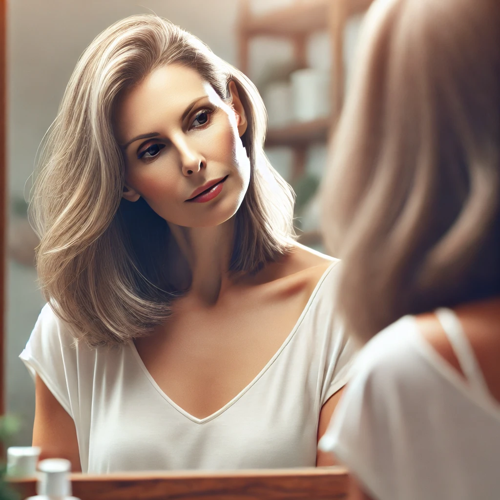 Mujer mirando su cabello en el espejo, simbolizando la pérdida de cabello en la menopausia y la búsqueda de recuperación.