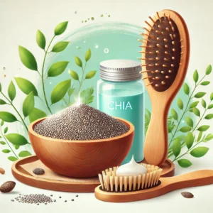 A clean and modern illustration showing chia seeds, a wooden bowl filled with chia gel, and a hairbrush placed beside it