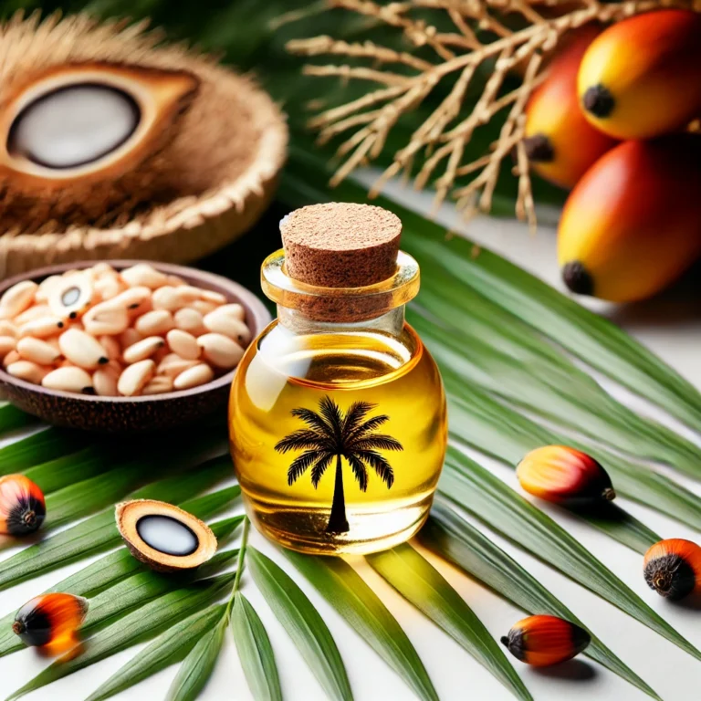 A close-up image of a small glass bottle of batana oil with golden, rich oil inside, placed next to fresh palm seeds (Elaeis oleifera) and green tropi