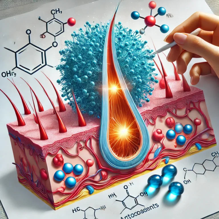 A detailed illustration of a hair follicle under oxidative stress, showing the impact of free radicals. The image should include vibrant depictions