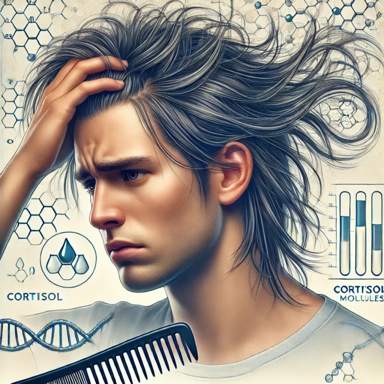 A detailed illustration of a stressed person with hair falling out, depicted in a realistic style, showing visible hair strands on a comb