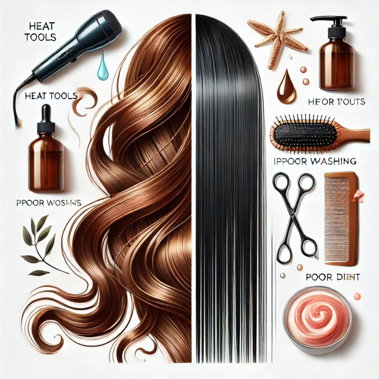 A detailed illustration of healthy, shiny, long hair juxtaposed with damaged, brittle hair, showing common hair care mistakes like heat tools, imprope