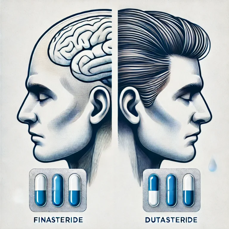 A detailed illustration showing a side-by-side comparison of two medications, finasteride and dutasteride, for hair loss treatment. The image includes