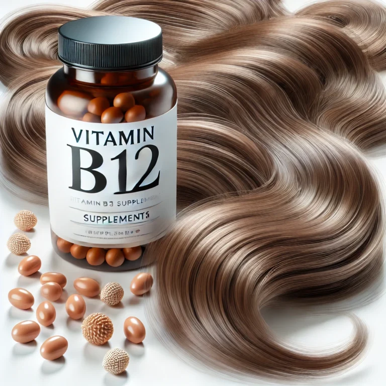 A realistic depiction of a bottle of vitamin B12 supplements alongside healthy, vibrant hair strands, set against a clean white background