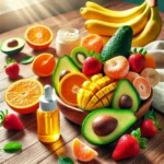 A vibrant composition featuring fresh fruits like oranges, avocados, bananas, and strawberries on a wooden table, symbolizing nutrition for healthy hair