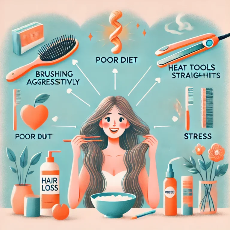 A visually engaging illustration showing four factors causing hair loss_ brushing aggressively, poor diet, heat tools like straighteners