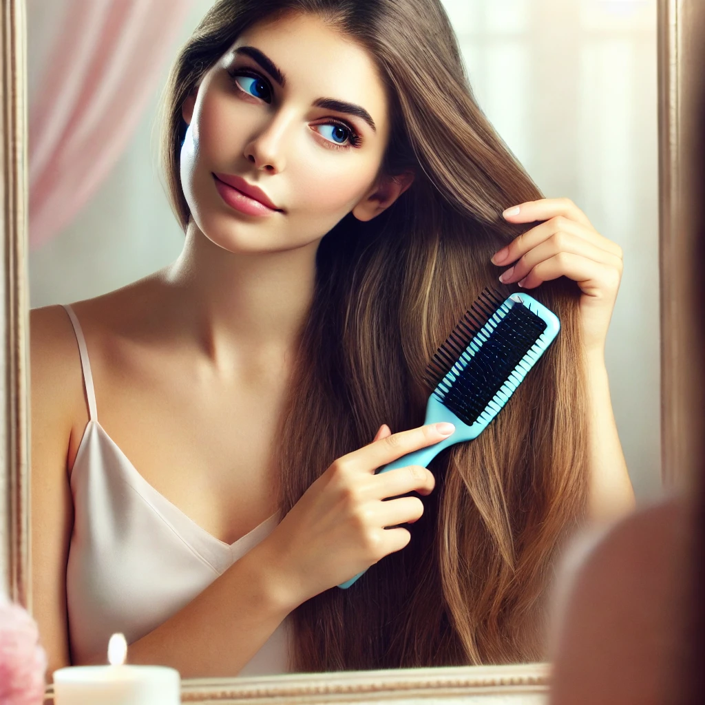 A woman sitting by a mirror gently combing her long hair, with a serene expression, symbolizing care for her hair during hormonal changes