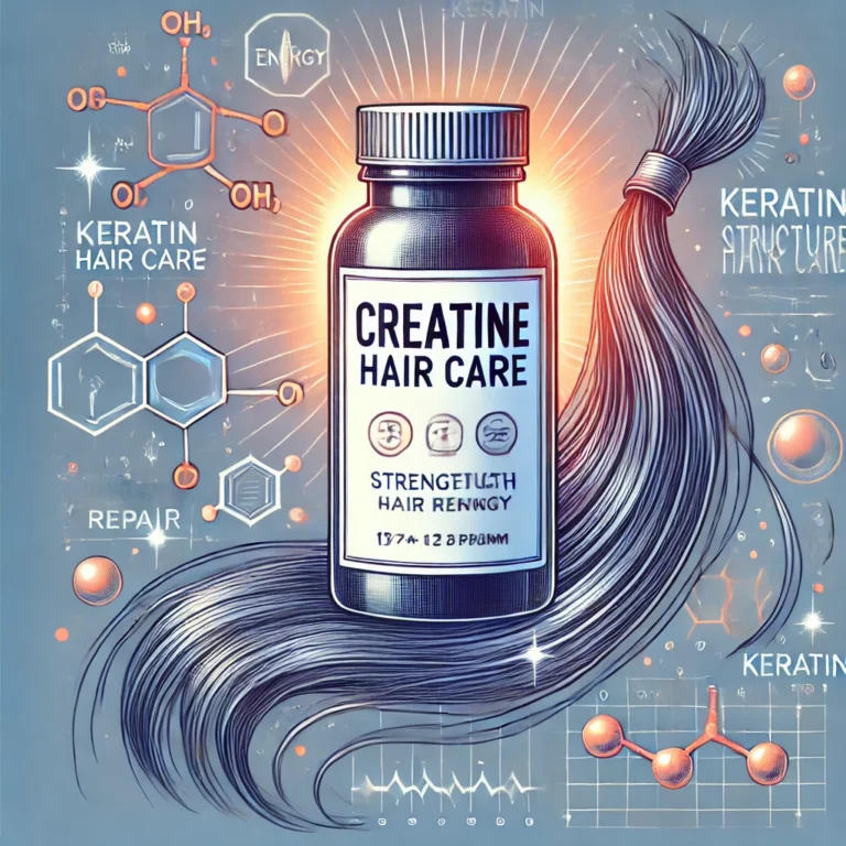 An illustration of a bottle labeled _Creatine Hair Care_ surrounded by strong, healthy strands of hair. Next to the bottle, include elements