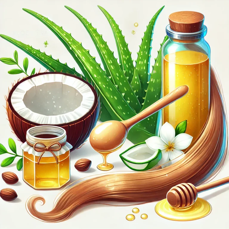 An illustration of natural hair care products like aloe vera, coconut oil, and honey next to a shiny, healthy strand of hair. The image should feel or