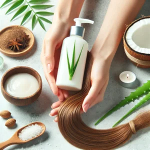 An image of a healthy, shiny hair strand being cared for by hands holding a gentle shampoo bottle and natural ingredients like aloe vera and coconut