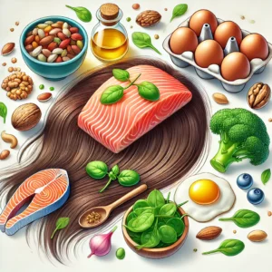 Hebra de cabello saludable creciendo desde un cuero cabelludo vibrante, rodeado de fuentes naturales de vitaminas como nueces, huevos, espinacas y salmón, destacando la prevención de la alopecia y el fomento del crecimiento capilar.