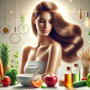 realistic illustration of a person with vibrant, healthy hair standing in natural light, surrounded by elements like fresh fruits, vegetables