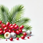 A natural and professional illustration of saw palmetto berries and leaves, depicted in a realistic style. The image shows fresh, vibrant berries