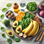 A neatly arranged plate of foods rich in potassium, including bananas, avocados, spinach, and sweet potatoes, placed on a bright wooden table