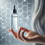 professional, realistic image of a hand holding a transparent serum bottle labeled 'Collagen' with a clean